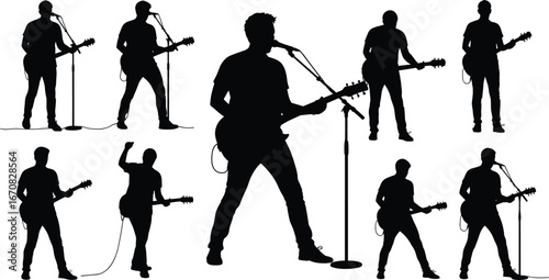 Silhouette of male guitarist playing electric guitar and singing into microphone, live music concert performance, rock band show, music event, stage, sound, entertainment
