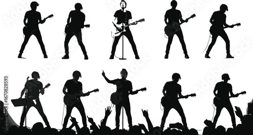 Silhouette of guitarists performing on concert stage with cheering crowd, live rock music show, entertainment event, musicians playing guitar, singing, lights, audience energy