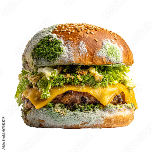A moldy hamburger with cheese and lettuce, symbolizing spoiled food and waste.