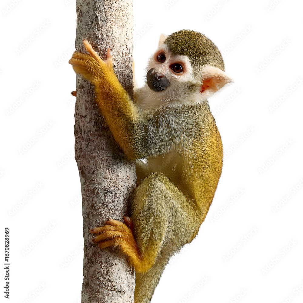 Fototapeta premium Curious squirrel monkey clings to tree trunk with bright, alert eyes.