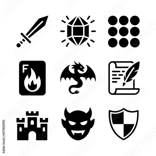 Fantasy Adventure Game Icons Sword Jewel Dragon Castle Shield and Devil Symbol Collection Black and White Vector Graphics