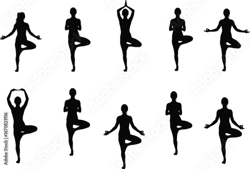 Yoga tree pose silhouettes, women practicing balance, mindfulness, and meditation, vector black silhouettes isolated on white background, fitness concept
