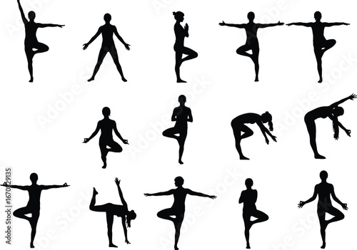 Yoga silhouette set, body posture collection, black vector illustration, tree pose