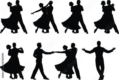 Ballroom dance silhouette set, partner poses and twirls, black vector illustration, formal attire, graceful movement, romantic steps, choreography