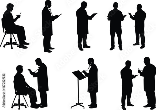 Healthcare silhouette set, clinical interaction poses, black vector illustration, doctor
