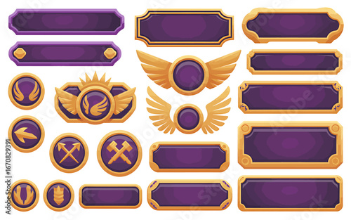 Collection of Game UI Elements with Golden Accents and Purple Backgrounds for Fantasy and Adventure Games