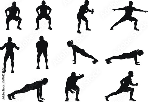 Bodyweight exercise silhouette set, fitness pose collection, black vector icons, squats, lunges, push-ups, workout form, gym training