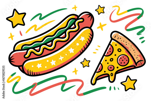Cartoon style fast food illustration featuring a delicious hotdog and a cheesy pepperoni pizza slice perfect for menus or social media content
