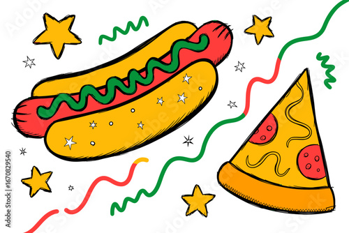 Festive Junk Food Illustration with Hotdog Pizza and Stars for Celebrations and Events