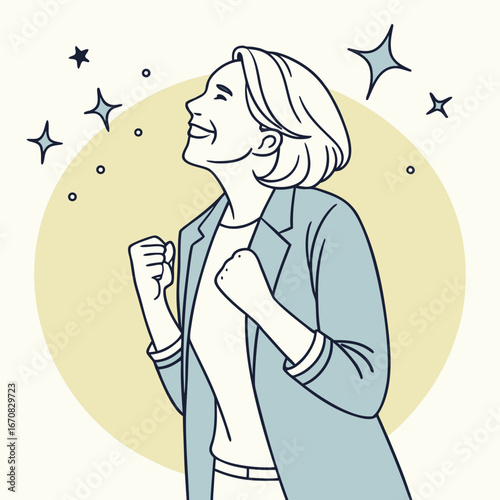 Woman celebrating with fists raised in excitement and joy with sparkles around her