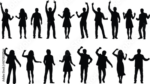 Dancing people silhouette set, celebration and joy poses, party vector icons, expressive movement, black design, male and female figures
