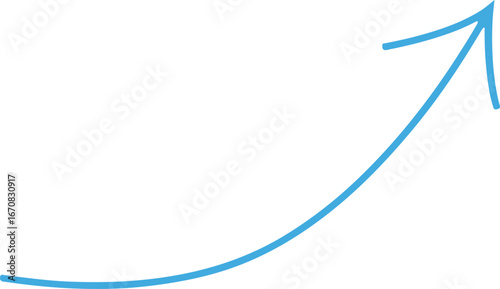 blue curved upward arrow, smooth growth trajectory line symbol pointing top right, isolated on white