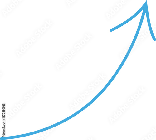 blue curved upward arrow, smooth growth trajectory line symbol pointing top right, isolated on white