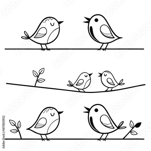 A group of simple birds sitting on branches with leaves