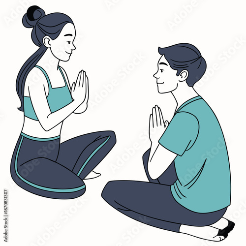 Young couple in meditation poses sitting on floor in yoga studio together