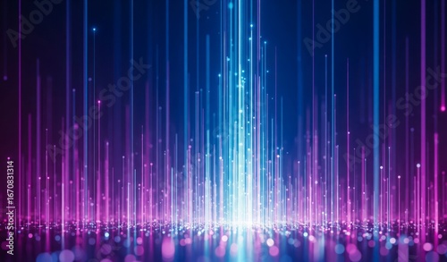 Abstract futuristic background with glowing purple and blue vertical light streaks. Represents fiber optics, data streaming, speed, energy, and digital technology.


