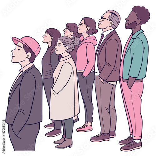 A diverse group of people standing in line looking ahead patiently together
