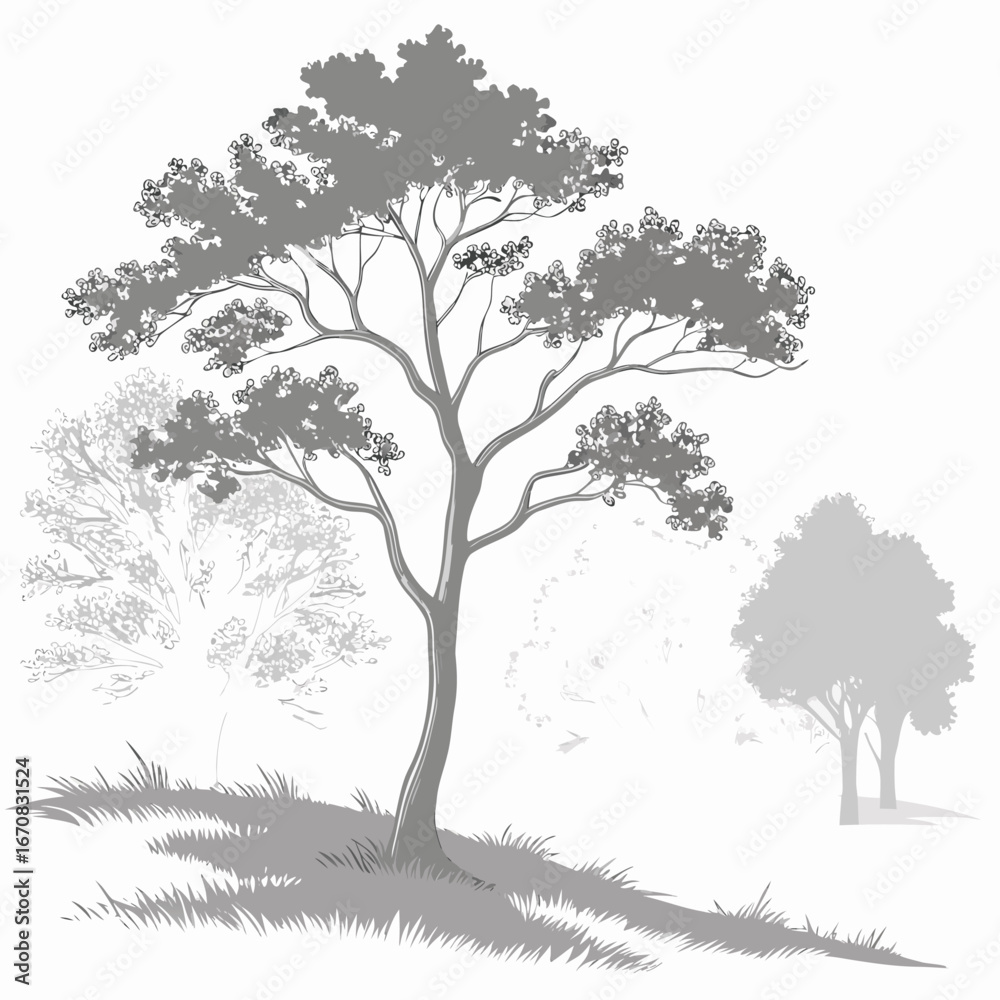 Obraz premium A large tree standing alone in a field with smaller trees in the background