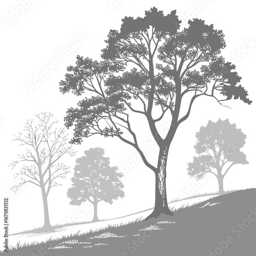A large tree and smaller trees on a hillside in a foggy landscape scene