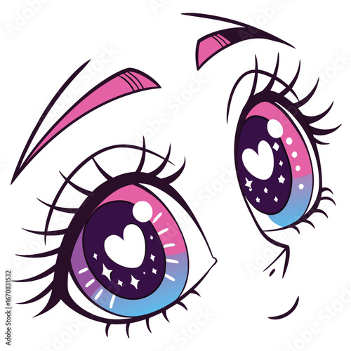 A cartoon illustration of a face with colorful eyes and long eyelashes looking up