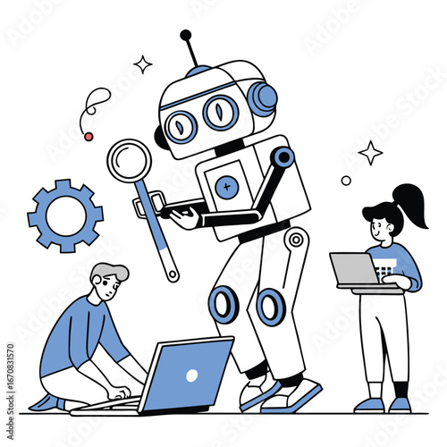 Robot and people working together on laptops with tools and ideas