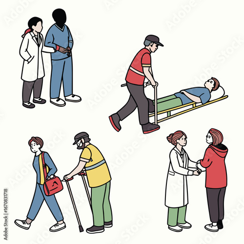 Medical team assisting patients in various healthcare settings with doctors and nurses