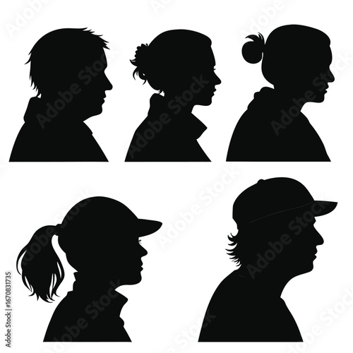Silhouettes of diverse people with different hairstyles and headwear in profile