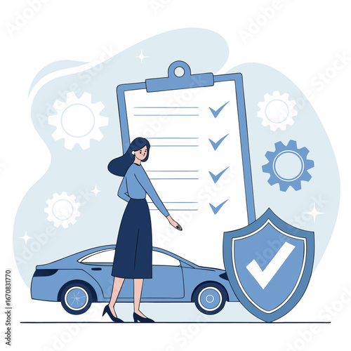 Woman standing next to car with clipboard and checklist for vehicle protection and safety