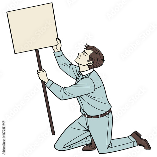 Man kneeling down holding up a blank sign board for advertising or messaging purposes