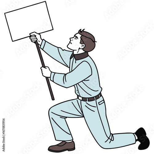 Man kneeling and holding up a blank sign for advertising or promotion purposes clearly visible