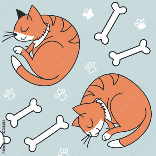 Two adorable orange cats sleeping peacefully with bones and paw prints around them
