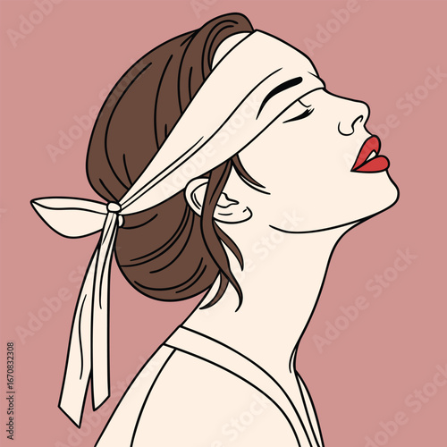 woman with blindfold and red lips on pink background in cartoon style