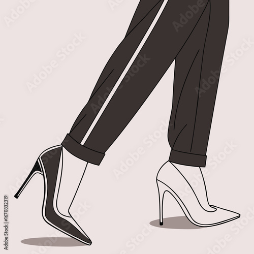 Woman wearing different high heel shoes on each foot walking in pants