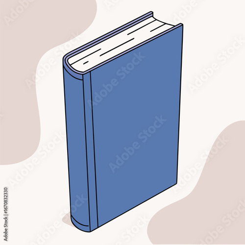 A blue hardcover book with white pages standing upright on a plain background