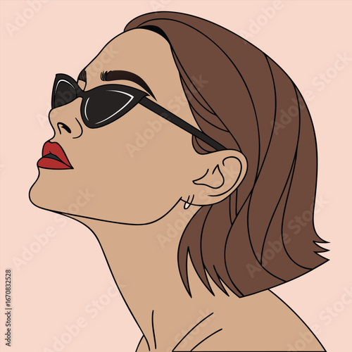 a woman wearing sunglasses with short brown hair