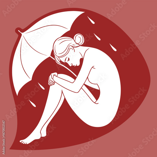 A woman sitting alone under an umbrella in the rain feeling sad and depressed