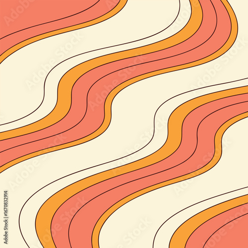 A vibrant abstract illustration of wavy lines in orange and pink hues on cream background