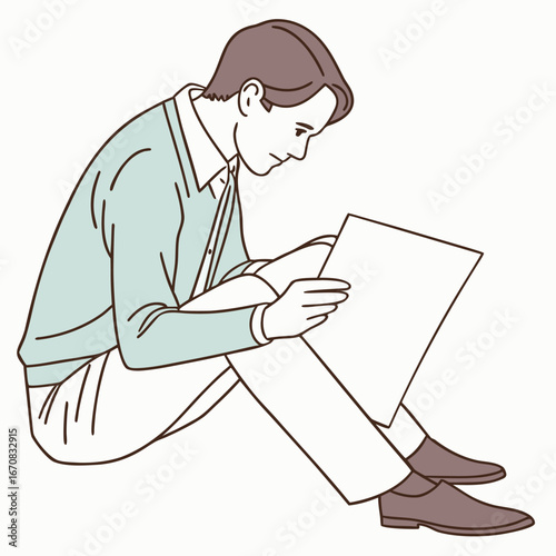 Man sitting on floor reading a document or letter carefully