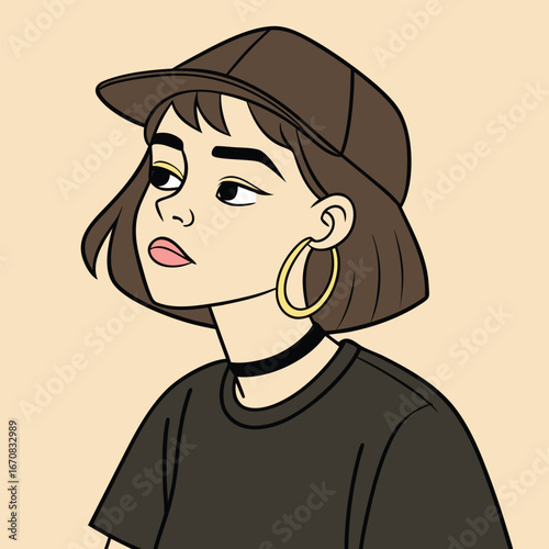 A young woman wearing a brown cap and gold hoop earrings looks up