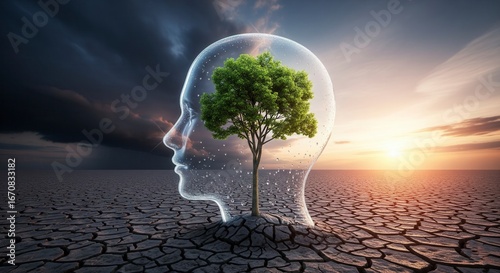 Concept of mental health and personal growth. A tree grows inside a transparent head, symbolizing healing, hope, and a positive mindset over a dark past.

