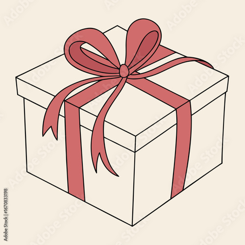 A white gift box with a red ribbon and bow on top is shown