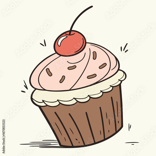 A cartoon cupcake with pink frosting and a cherry on top is deliciously sweet treat
