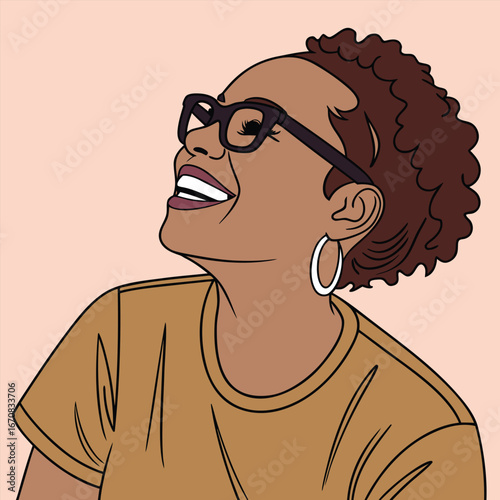 A smiling african american woman with curly hair and glasses looking upwards happily