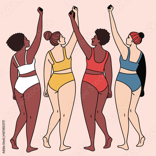Four women in colorful underwear celebrating together with raised arms in solidarity and friendship