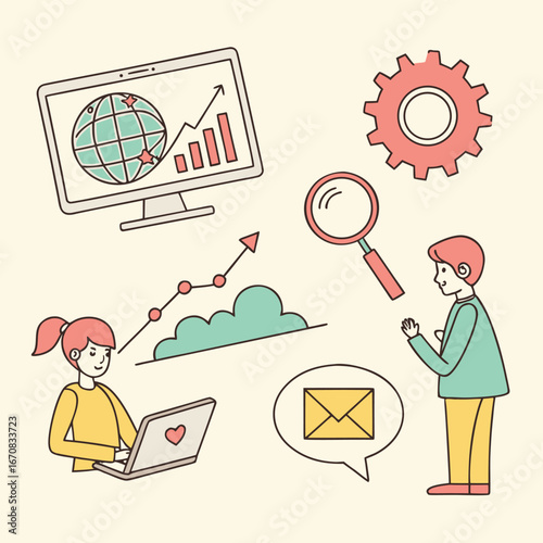 Business people analyzing data and communicating with each other online