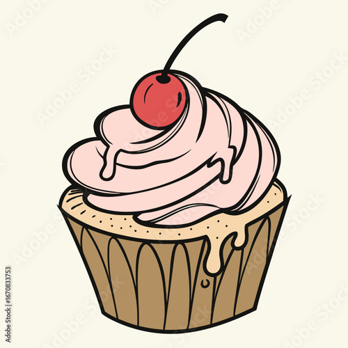 A cartoon cupcake with pink frosting and a cherry on top is deliciously sweet treat
