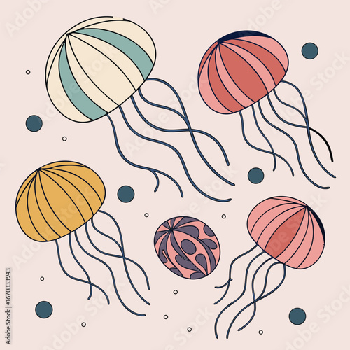 colorful illustration of jellyfish swimming in the ocean with bubbles around them