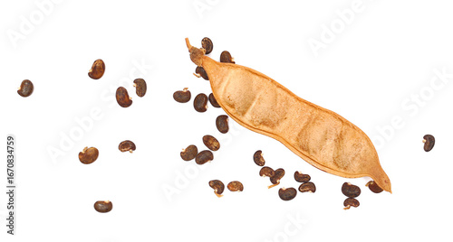 Acacia seeds and pods, dry black locust, robinia pseudoacacia (white acacia) isolated on white background, top view