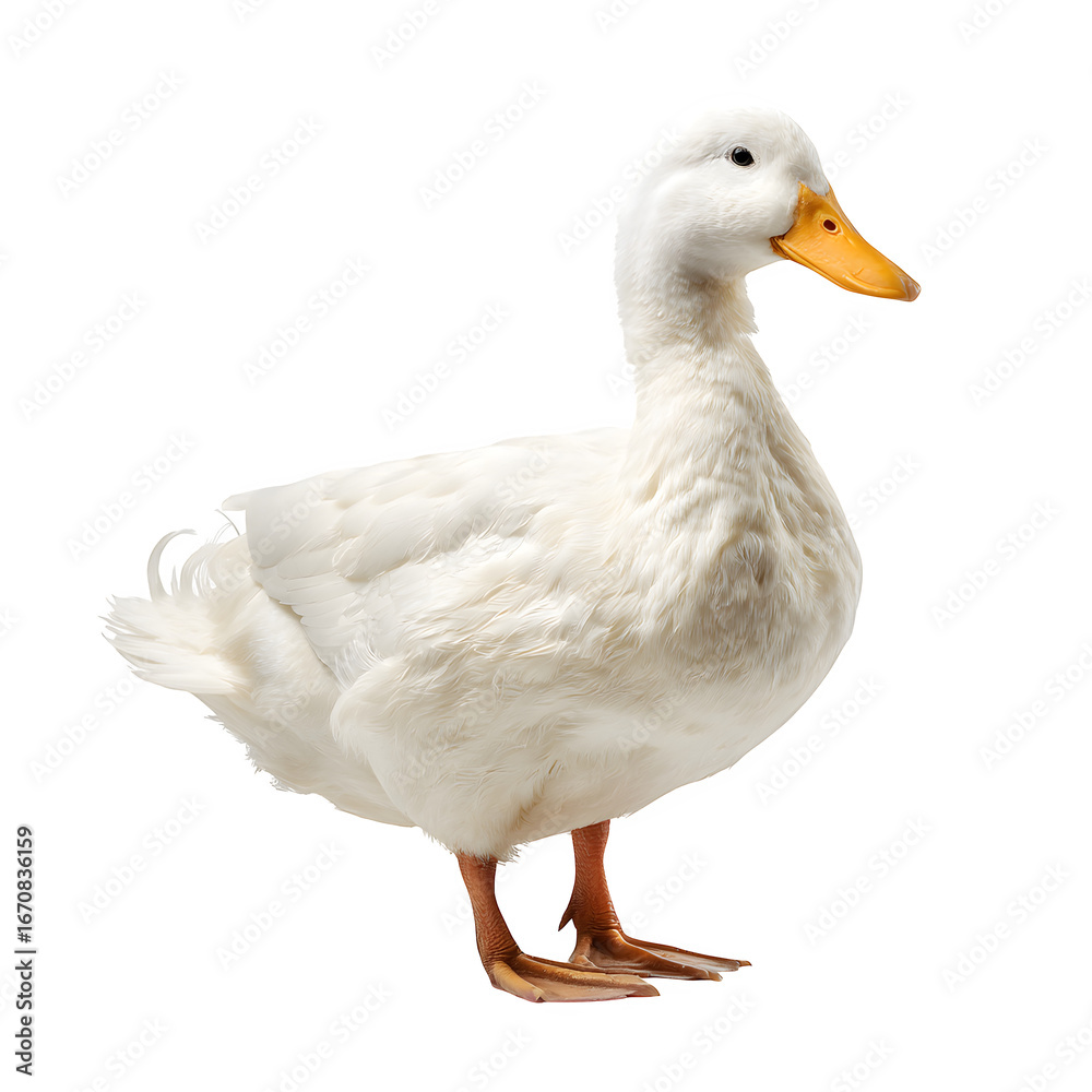 Obraz premium A clean white duck stands gracefully on a white background, its bright orange beak adding a splash of color.