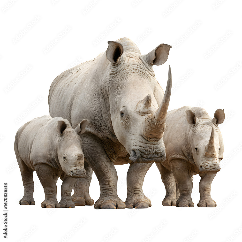 Obraz premium A majestic mother rhino stands protectively with her two young calves, a symbol of family and strength.